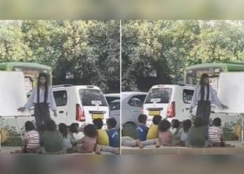 गरीब बच्चों को ब्रिज के नीचे बैठाकर पढ़ा रही है लड़की, लोगों ने की लड़की की जमकर तारीफ